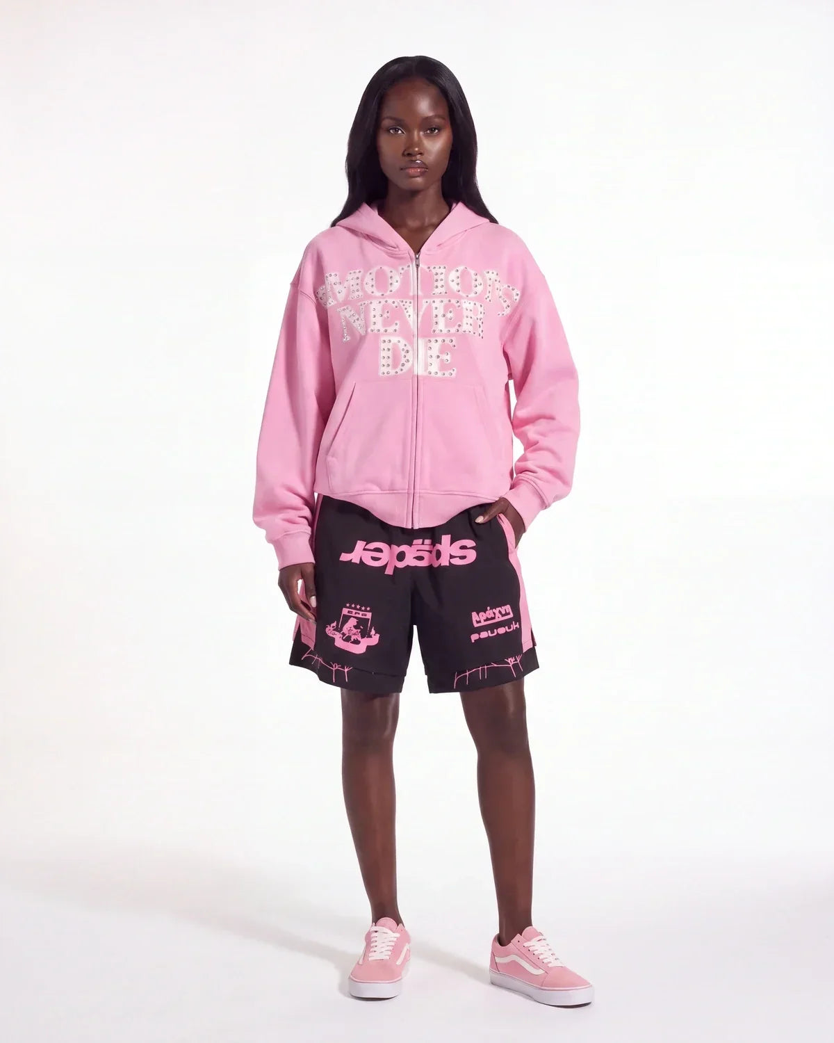 Mixed Emotions "End" Rhinestone Hoodie Pink