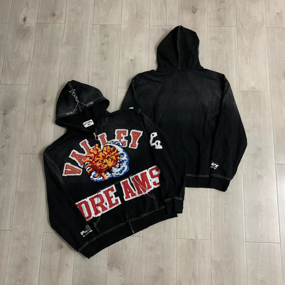 Vale Forever "Valley Dreams Sun & Wave" Vintage Zip-Up Hoodie (Black)