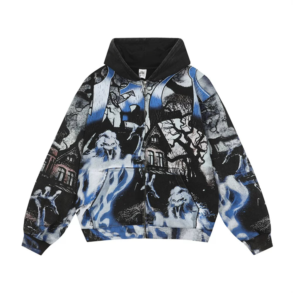 Vale Forever "Valley Dreams Ghost House" Vintage Zip-Up Hoodie (Black/Blue)
