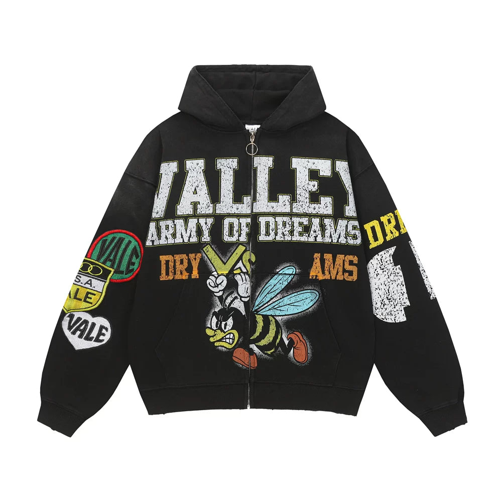 Vale Forever "Valley Army of Dreams" Vintage Zip-Up Hoodie (Black)
