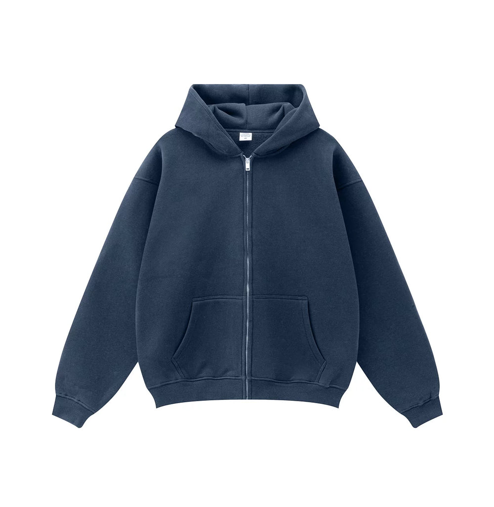 Kanye West-Inspired Heavyweight Fleece Zip-Up Hoodie – Navy Blue