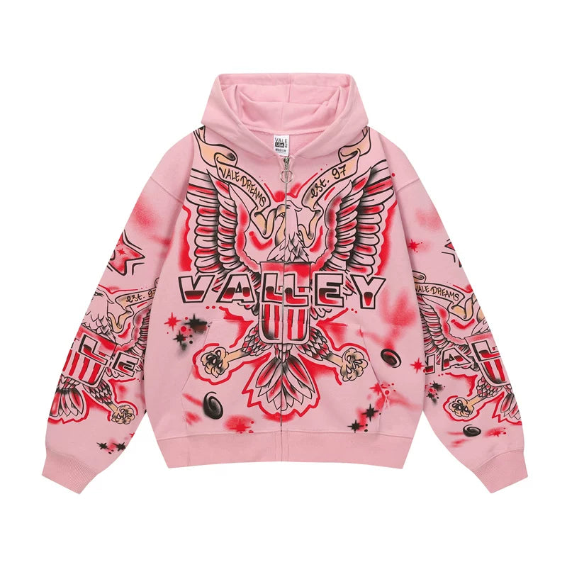 Vale Forever "Valley Dreams Eagle" Vintage Zip-Up Hoodie (Pink)