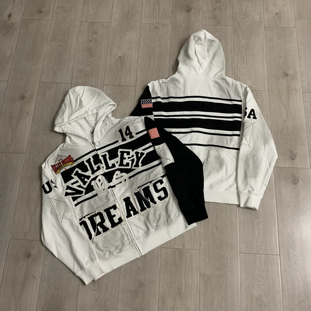 Vale Forever "Valley Dreams Stripe" Vintage Zip-Up Hoodie (White/Black)