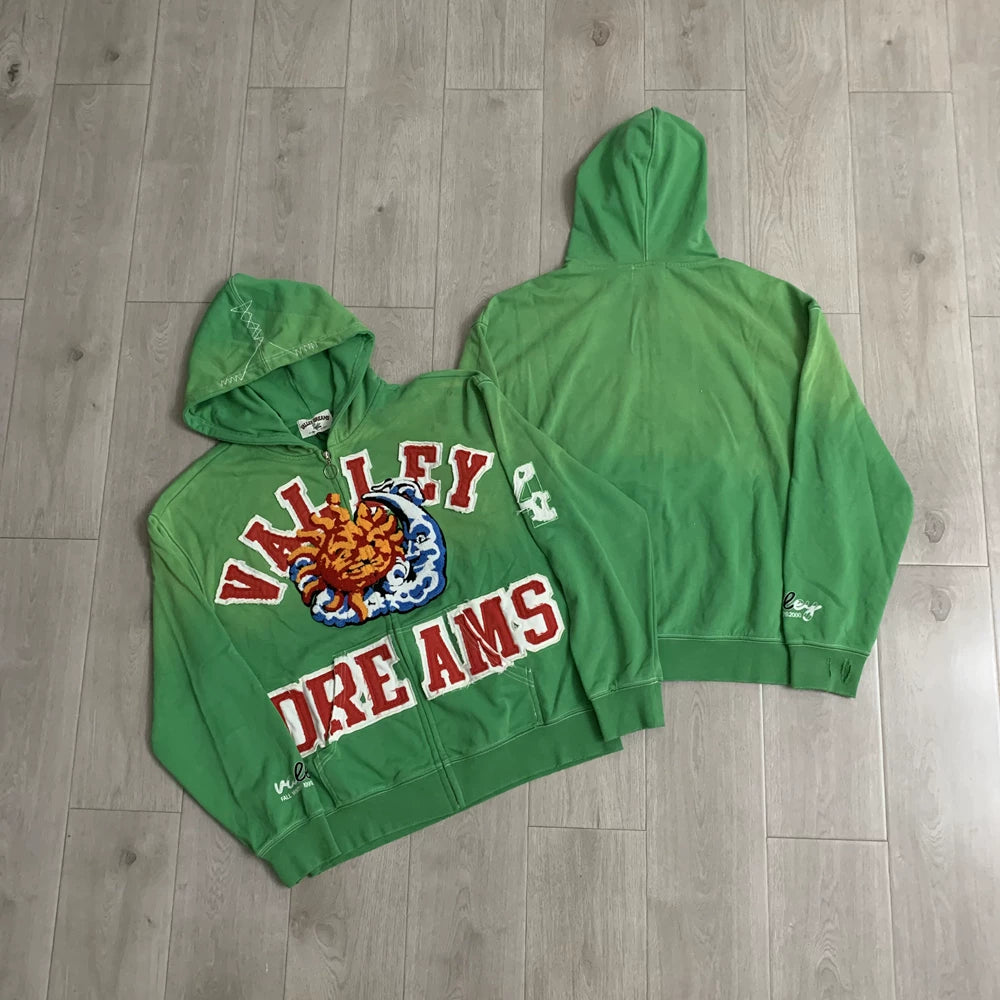 Vale Forever "Valley Dreams Sun & Wave" Vintage Zip-Up Hoodie (Green)