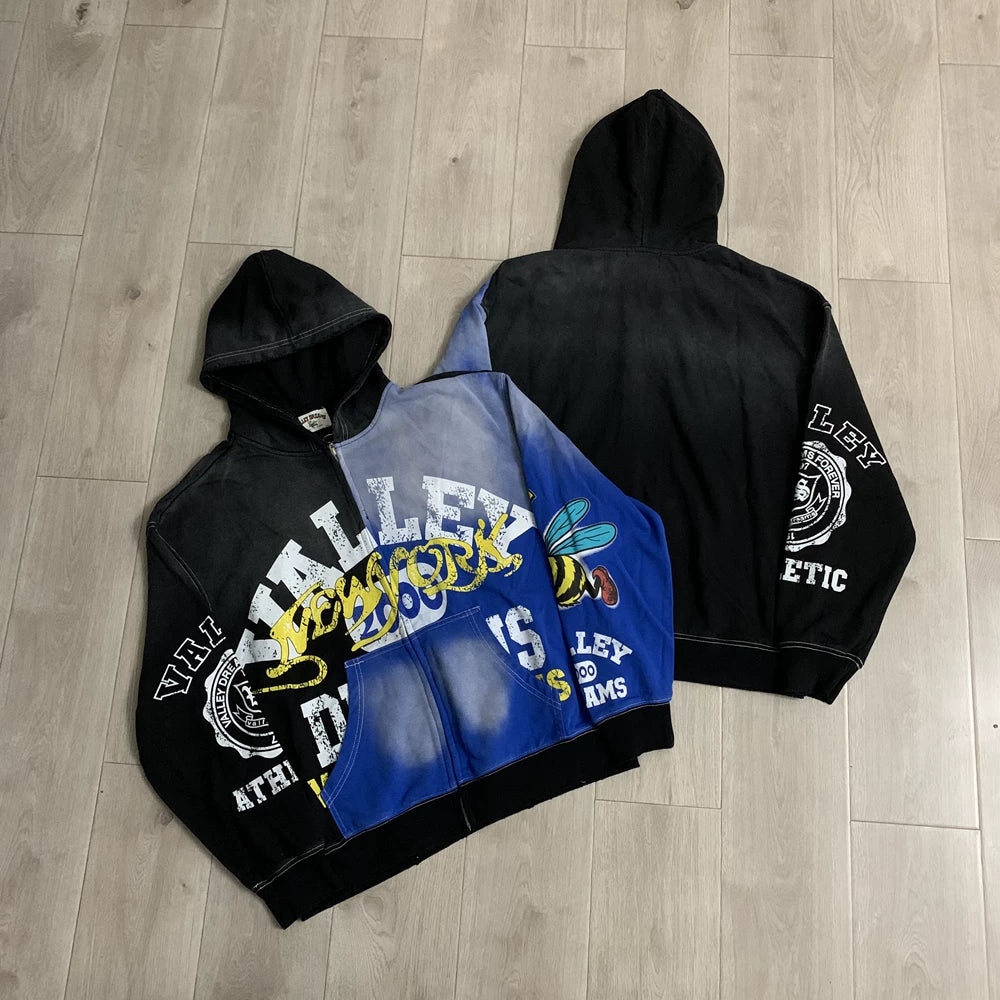Vale Forever "Valley Dreams Split" Vintage Zip-Up Hoodie (Black/Blue)