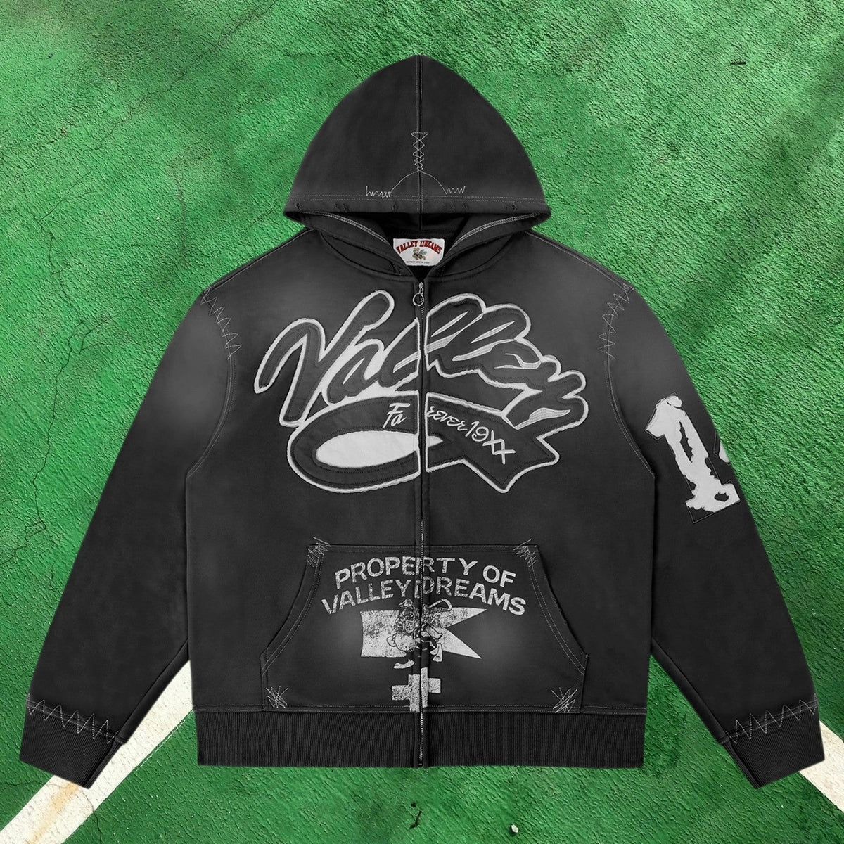 Vale Forever Contrast Stitch Full-Zip Hoodie (Washed Black / Property of Vale Forever)