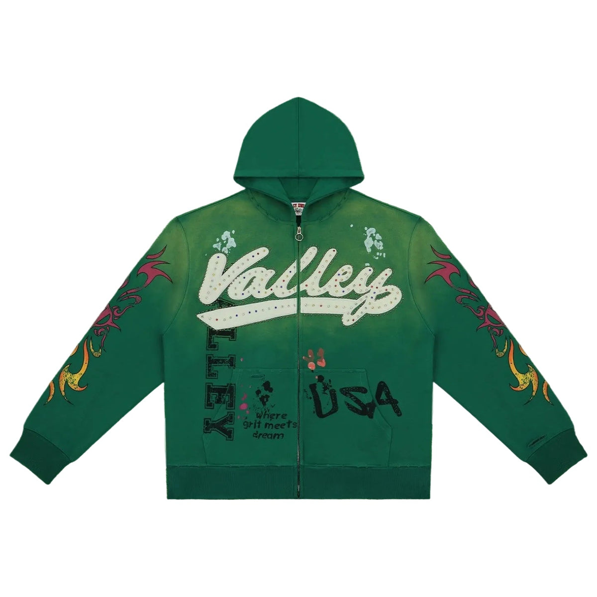 Vale Forever Graphic Full-Zip Hoodie (Green / Rhinestone Script & Flame Sleeves)